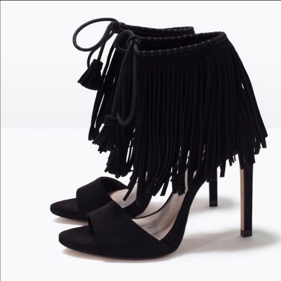 Shoes - Zara Black Suede Fringed Heels
